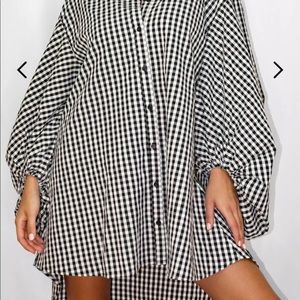 Black Plaid Puff Sleeve Oversized Shirt Dress
